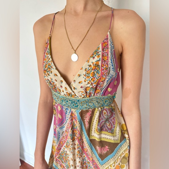 Y2K Nicole Miller Vintage Silk Dress Paisley Chiffon Lined Spaghetti Straps 2000 - Picture 6 of 15